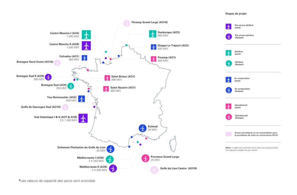 Carte de France de l'éolien en mer