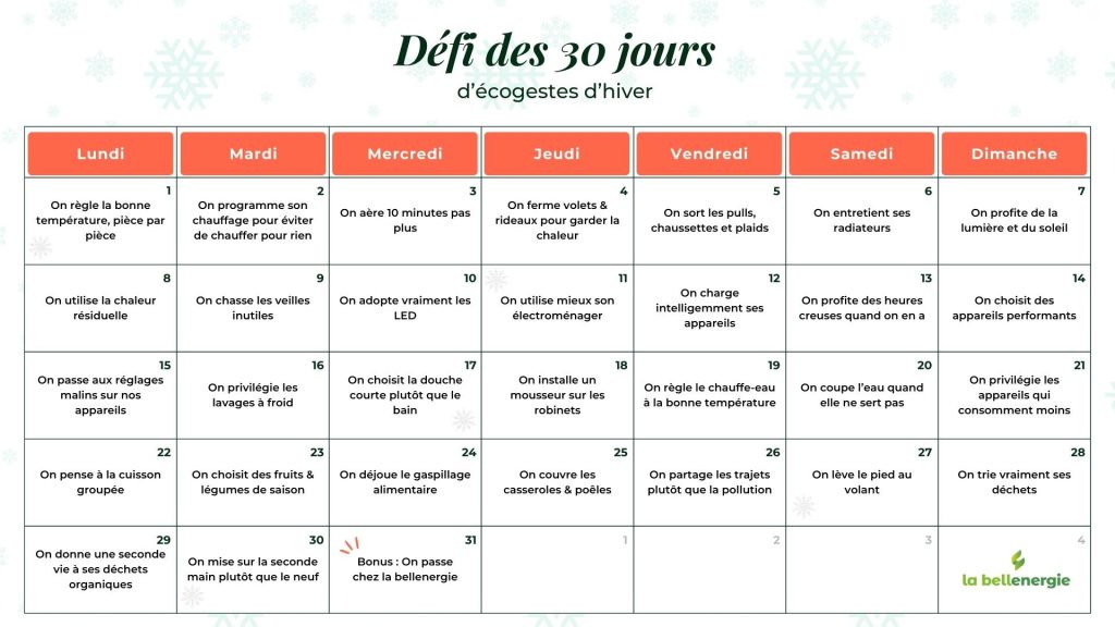 Calendrier des défis 30 jours