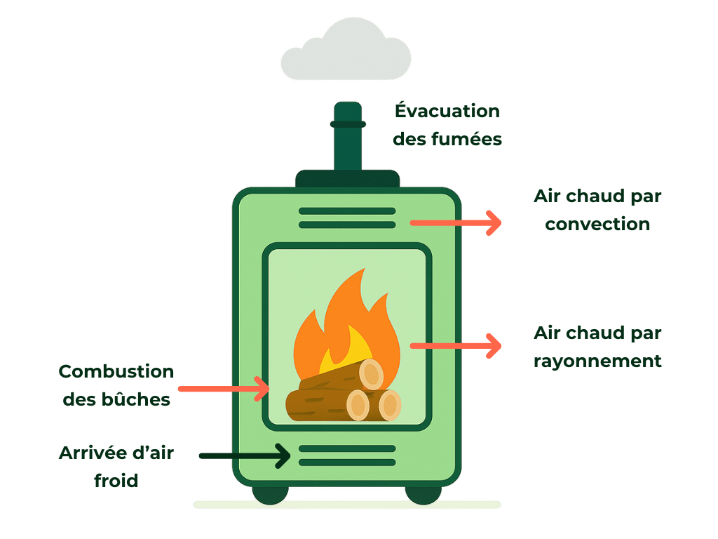 Schéma de fonctionnement d'un poêle à bûches