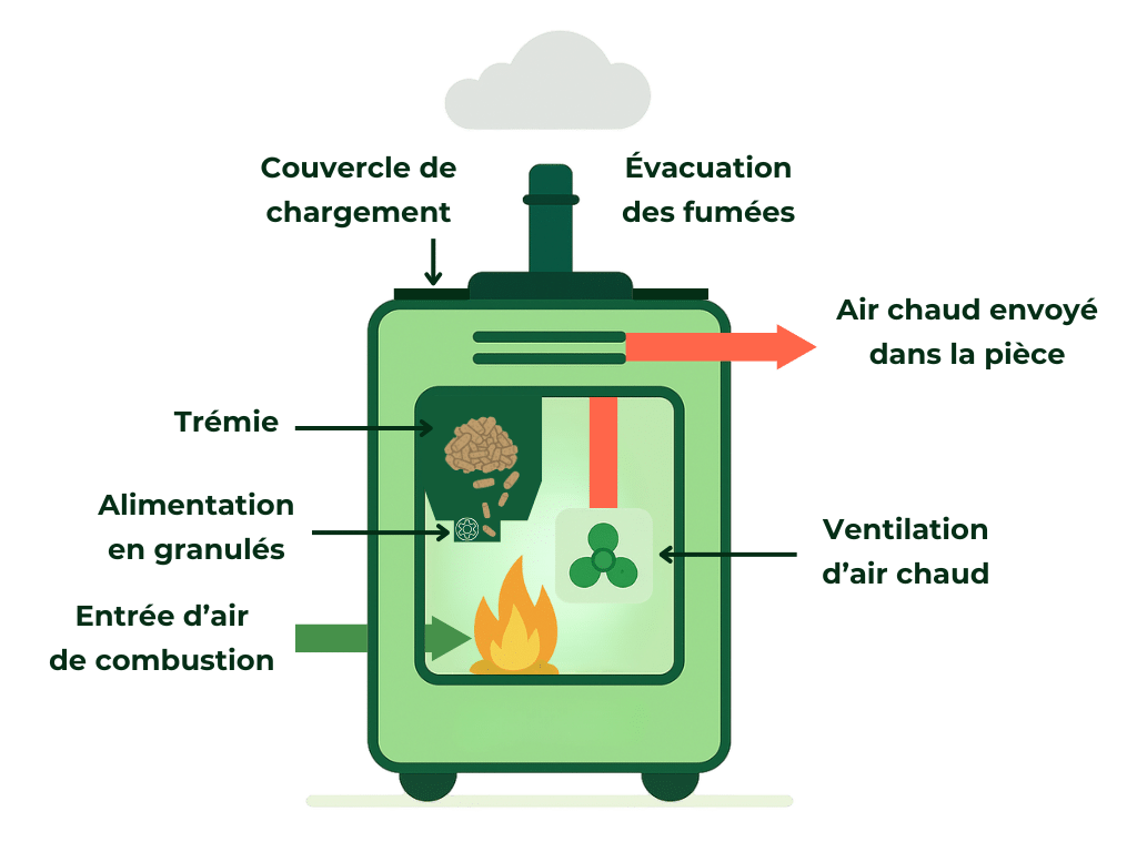 Schéma de fonctionnement d'un poêle à granulés